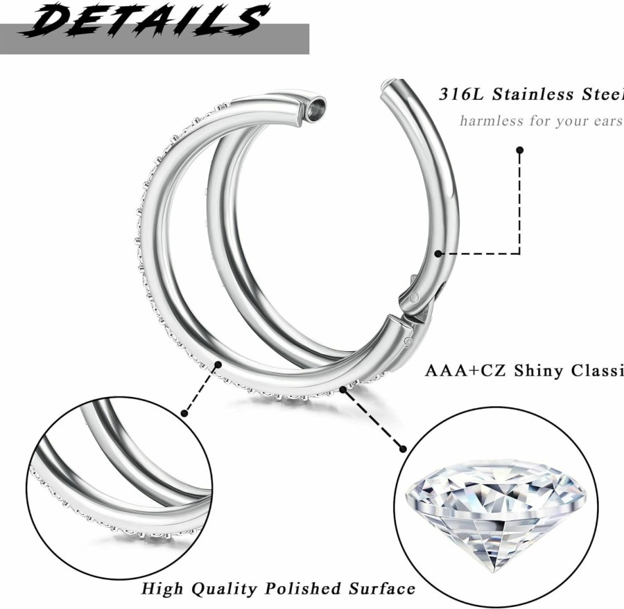 JeryWe Jerywe 3-4Pcs Cz Nose Rings Hoop For Women 16G Clicker Hinged Segment Septum Lip Rings Tragus Conch Helix Cartilage Rook Daith Earrings Hoop Piercing Jewelry Diameter 8Mm 10Mm | Body Piercing Rings