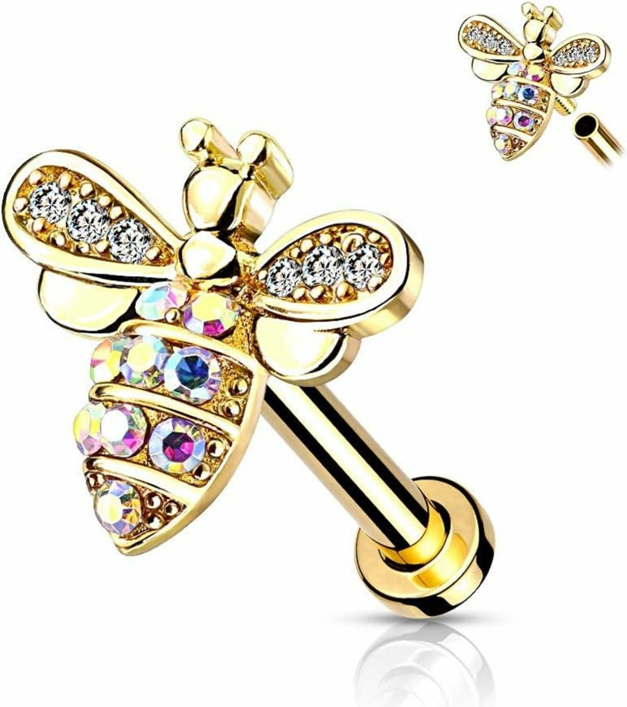 Amelia Fashion Amelia Fashion 16 Micro Cz Paved Bee With Ab Crystals Internally Threaded 316L Surgical Steel For Labret, Monroe, Cartilage, And More | Body Piercing Rings