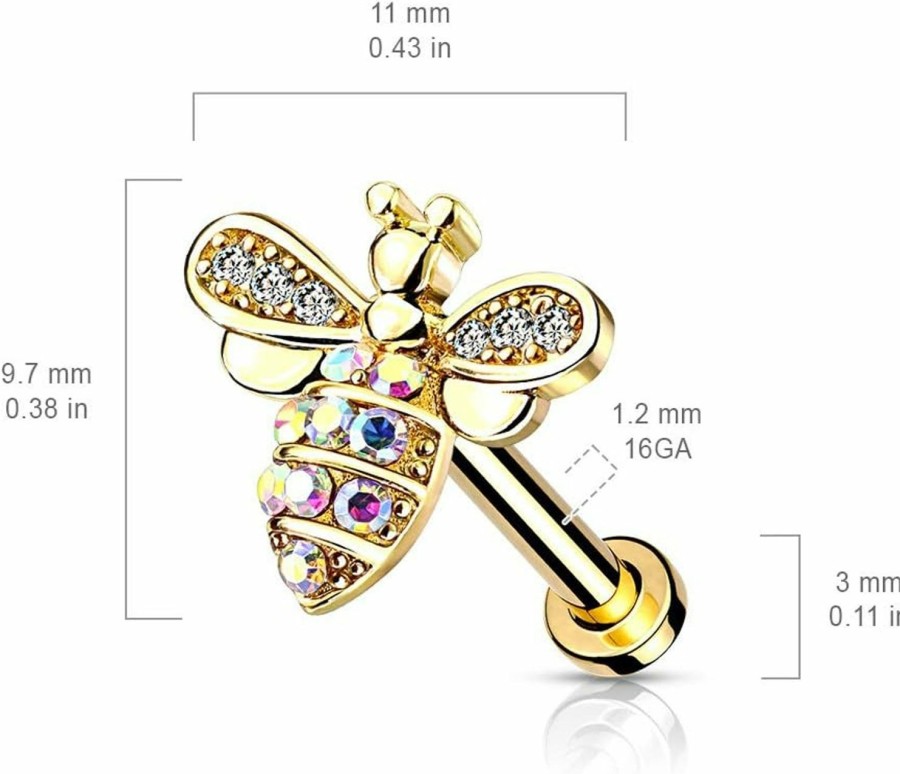 Amelia Fashion Amelia Fashion 16 Micro Cz Paved Bee With Ab Crystals Internally Threaded 316L Surgical Steel For Labret, Monroe, Cartilage, And More | Body Piercing Rings