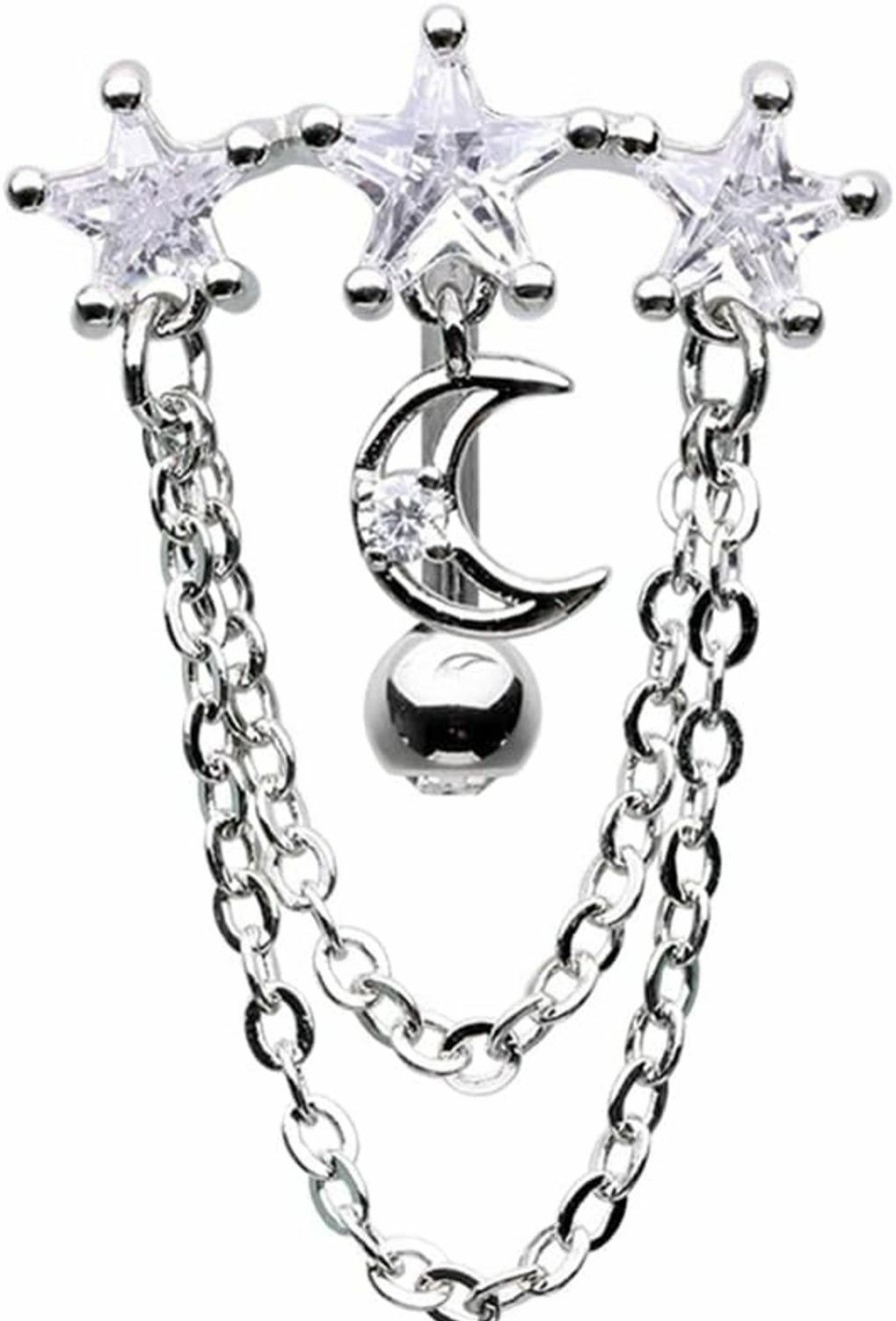 Pierced Owl Pierced Owl - 14Ga Stainless Steel Cz Crystal Dangling Chains Celestial Top Drop Reverse Belly Button Ring | Body Piercing Rings