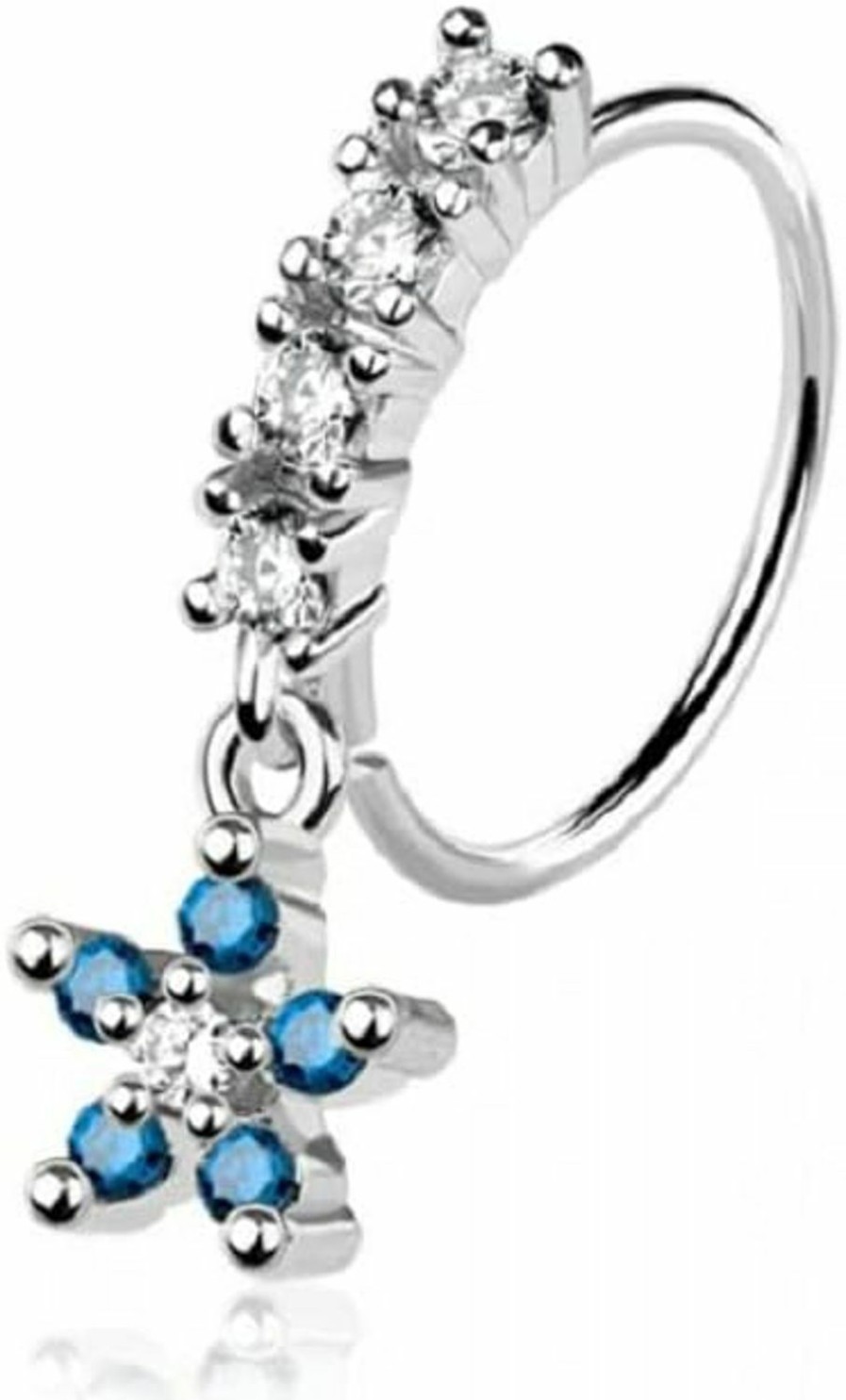 Pierced Owl Pierced Owl 20Ga 316L Stainless Steel Cz Crystal Lined Hoop With Dangling Blue Flower Charm Bendable Nose Ring | Body Piercing Rings