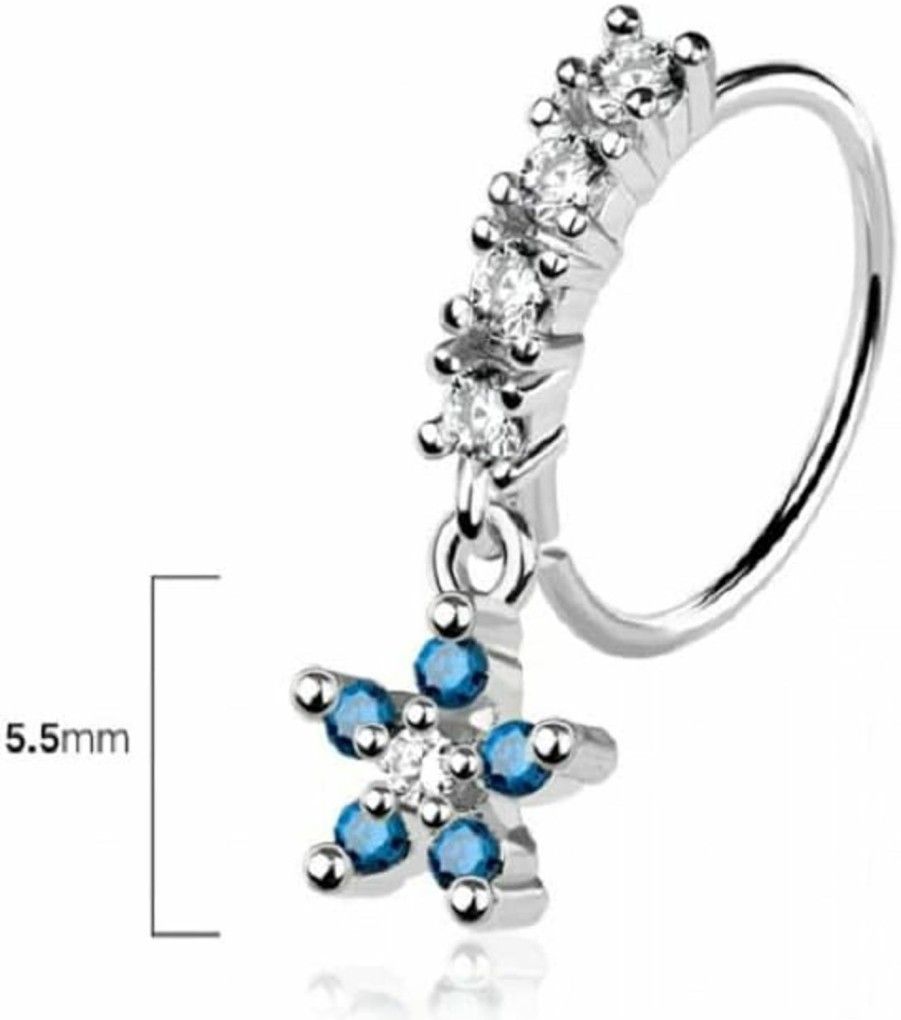 Pierced Owl Pierced Owl 20Ga 316L Stainless Steel Cz Crystal Lined Hoop With Dangling Blue Flower Charm Bendable Nose Ring | Body Piercing Rings