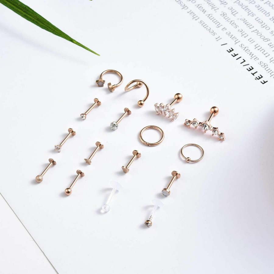 REVOLIA Revolia 16 Pcs 16G Stainless Steel Tragus Earring Cartilage Helix Single Earring Lip Rings Labret Studs Daith Rook Piercing | Body Piercing Rings