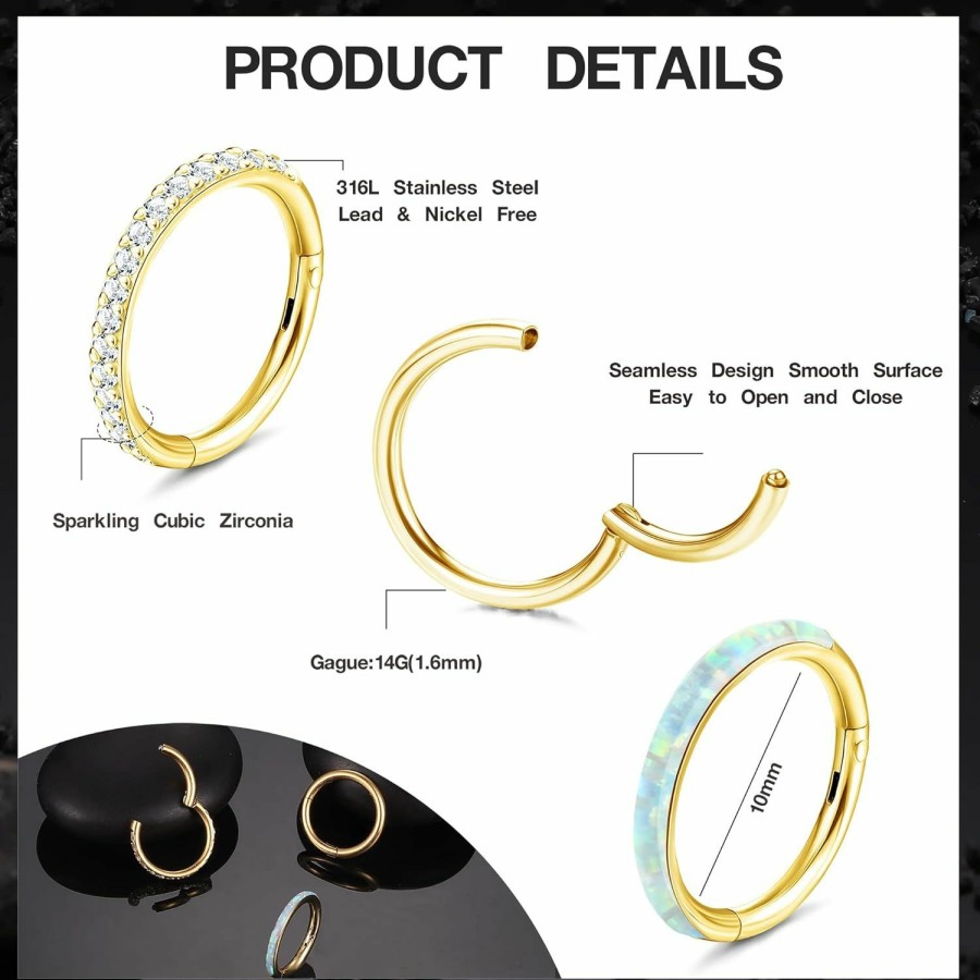 Sanfenly Sanfenly 14G Belly Button Rings 316L Surgical Steel Belly Ring Hoop Clear Cz Opal Navel Rings Hoop Clicker Segment Belly Piercing Jewelry Gold Silver Tone 8Mm 10Mm 12Mm | Body Piercing Rings