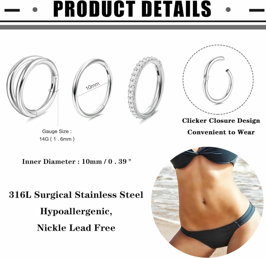 THUNARAZ Thunaraz 14G Belly Button Rings Hoop Surgical Steel Belly Ring For Women Clear Cz Thread Navel Rings Minimalist Hoop Clicker Segment Belly Button Piercing 8Mm 10Mm 12Mm | Body Piercing Rings