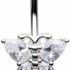 Pierced Owl Pierced Owl 14Ga Stainless Steel Cz Crystal Double Butterfly With Dangling Drop Belly Button Ring | Body Piercing Rings