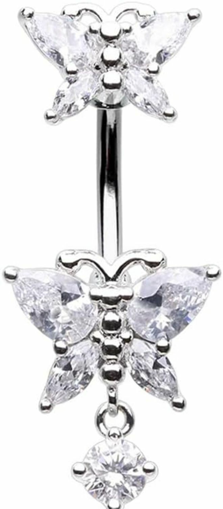 Pierced Owl Pierced Owl 14Ga Stainless Steel Cz Crystal Double Butterfly With Dangling Drop Belly Button Ring | Body Piercing Rings