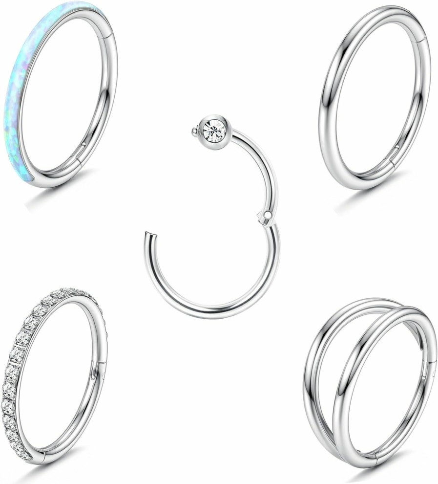 THUNARAZ Thunaraz 5Pcs 18G 16G Surgical Steel Nose Rings Hoop For Women Cz Opal Septum Hinged Clicker Segment Lip Rings Helix Cartilage Hoop Earring Rook Daith Seamless Body Piercing Rings For Women Men 8Mm 10Mm | Body Piercing Rings