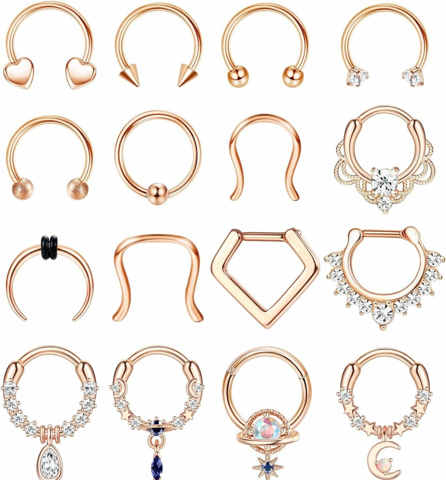 Besteel Besteel Surgical Steel Septum Rings 16G Hypoallergenic Horseshoe Clicker Septum Rings Gold For Women Men Small Cute Cz Dangle Horseshoe Hinged Septum Nose Lip Helix Tragus Daith Cartilage Piercing Jewelry 10Mm 16 Pcs | Body Piercing Rings