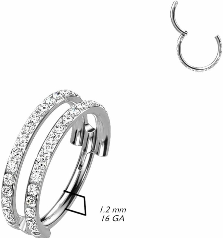 Pierced Owl Pierced Owl 16Ga G23 Implant Grade Titanium Cz Crystal Paved Double Hoops Hinged Segment Ring | Body Piercing Rings