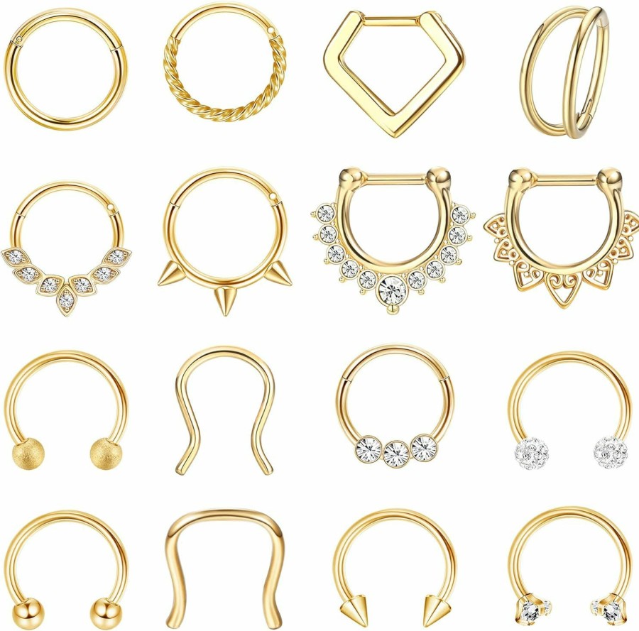 Besteel Besteel Hypoallergenic Septum Rings 16G 8Mm Surgical Steel Clicker Nose Rings Hoops Set Small Lip Cartilage Helix Daith Piercing Jewelry For Women Men 16 Pcs Gold Silver Black | Body Piercing Rings