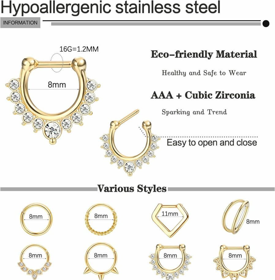 Besteel Besteel Hypoallergenic Septum Rings 16G 8Mm Surgical Steel Clicker Nose Rings Hoops Set Small Lip Cartilage Helix Daith Piercing Jewelry For Women Men 16 Pcs Gold Silver Black | Body Piercing Rings