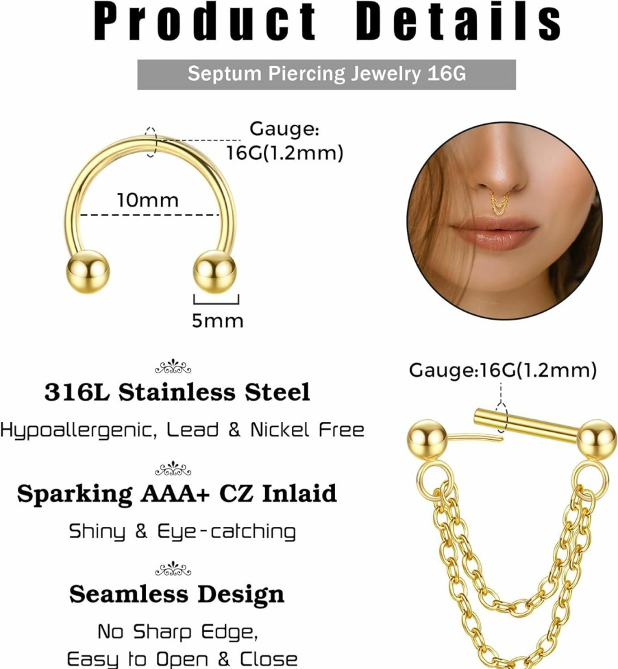 Besteel Besteel Septum Rings 16G Hypoallergenic Surgical Steel Hinged Septum Clicker Nose Rings Hoop For Women Men Cute Cz Dangle Horseshoe Hinged Septum Lip Helix Tragus Daith Cartilage Piercing Jewelry 10Mm 20Pcs | Body Piercing Rings