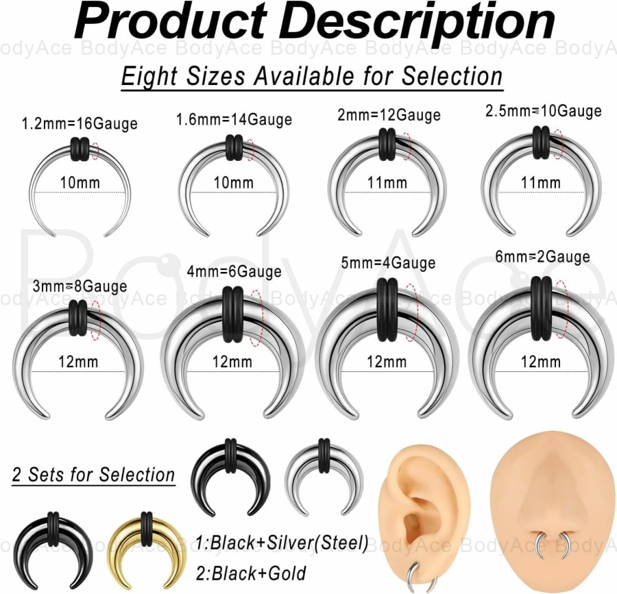 BodyAce Bodyace 2Pairs C Shape Ear Taper Kit, 2-12G Buffalo Septum Pincher Tapers Nose Rings, Black Stretching Ear Expanded Septum Rings With O-Rings | Body Piercing Rings