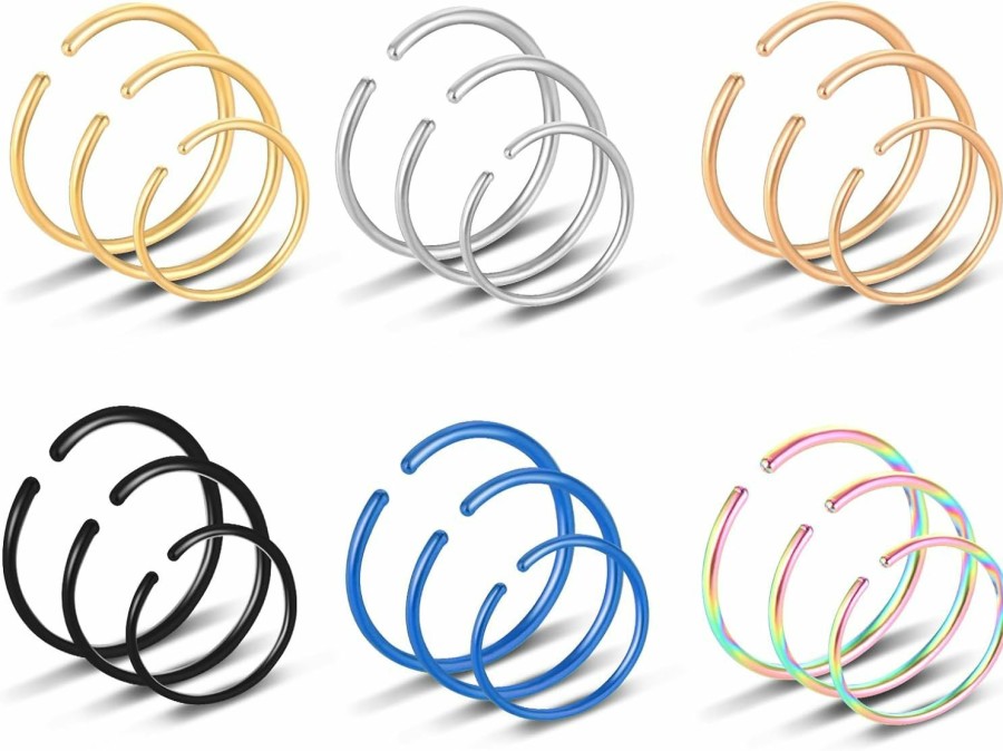 Lusofie Lusofie 18Pcs 6-10Mm Nose Ring Hoop Septum Lip Ear Hoop Rings Stainless Steel Hoop Nose Rings Body Piercing Jewelry For Women Men(6 Colors) | Body Piercing Rings