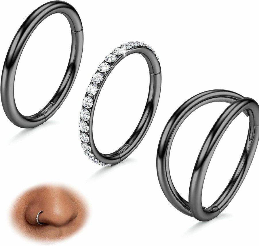 BodyBonita Bodybonita 3Pcs Nose Rings Hoops - 316L Surgical Steel Double Hoop Nose Rings 16G/18G/20G Hinged Cz Conch Piercing Jewelry Septum Clicker Lip Rings Cartilage Earring Helix Rook Tragus Daith 7Mm/8Mm/9Mm/10Mm | Body Piercing Rings