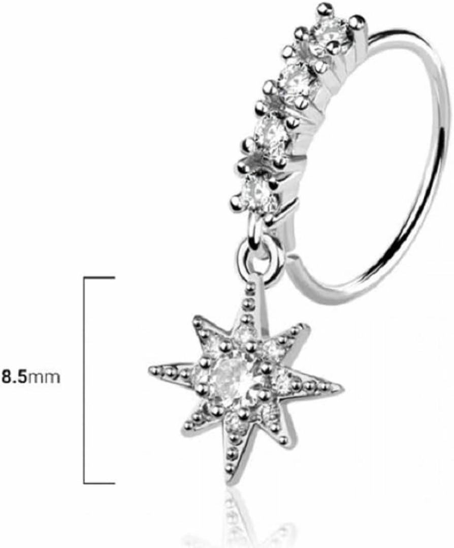 Pierced Owl Pierced Owl 20Ga 316L Stainless Steel Cz Crystal Lined Hoop With Dangling Starburst Bendable Nose Ring | Body Piercing Rings