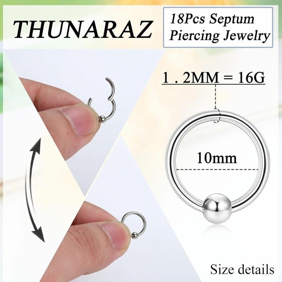 THUNARAZ Thunaraz 18Pcs Septum Rings 16G Stainless Steel Septum Jewelry Daith Earrings Nose Rings Hoop Horseshoe Septum Rings For Women Men Cartilage Helix Lip Septum Piercing Jewelry 8Mm 10Mm | Body Piercing Rings