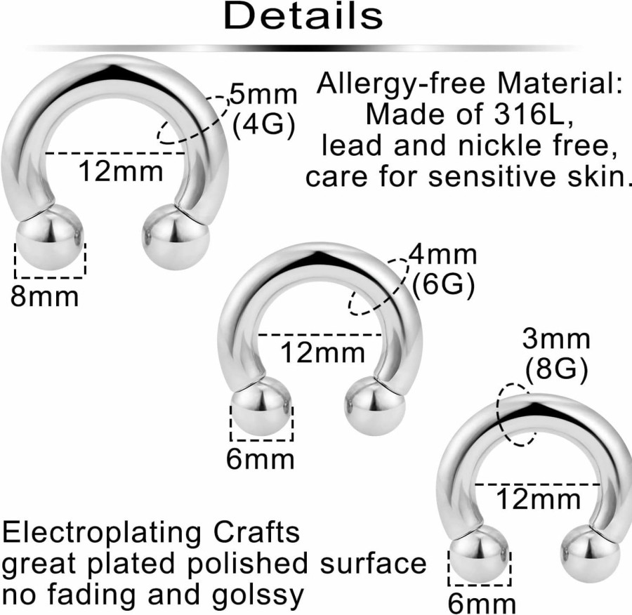 Ftovosyo Ftovosyo Good Weight For Ear Gauges Earrings 2G 4G 6G 8G 12G Pa Ring Internally Threaded Ball Horseshoe Barbells Large Septum Ring Surgical Steel Pierced Body Jewelry For Women Men | Body Piercing Rings