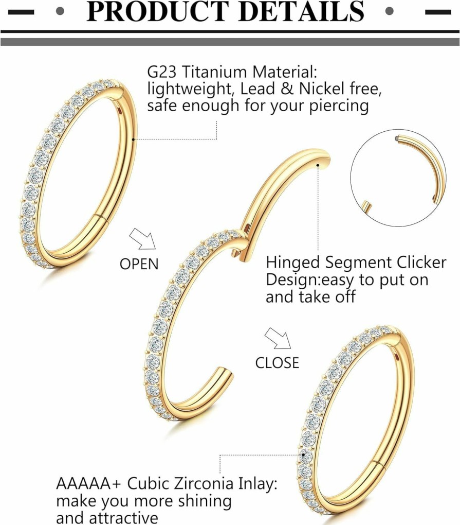 SAILIMUE Sailimue G23 Titanium Cz Nose Rings Hoop For Women 18G 16G Clicker Hinged Segment Septum Lip Rings Tragus Conch Helix Cartilage Rook Daith Earrings Hoop Piercing Jewelry Diameter 6Mm 8Mm 10Mm Silver Gold | Body Piercing Rings