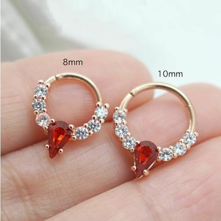 TRBR 16G Rose Gold Septum Ring Jewelry For Septum Piercing- 16 Gauge Surgical Steel Small Nose Ring Hoop For Women-Red Gem Gold Septum Clicker-8Mm 10Mm-Cute Dainty Septum Jewelry | Body Piercing Rings