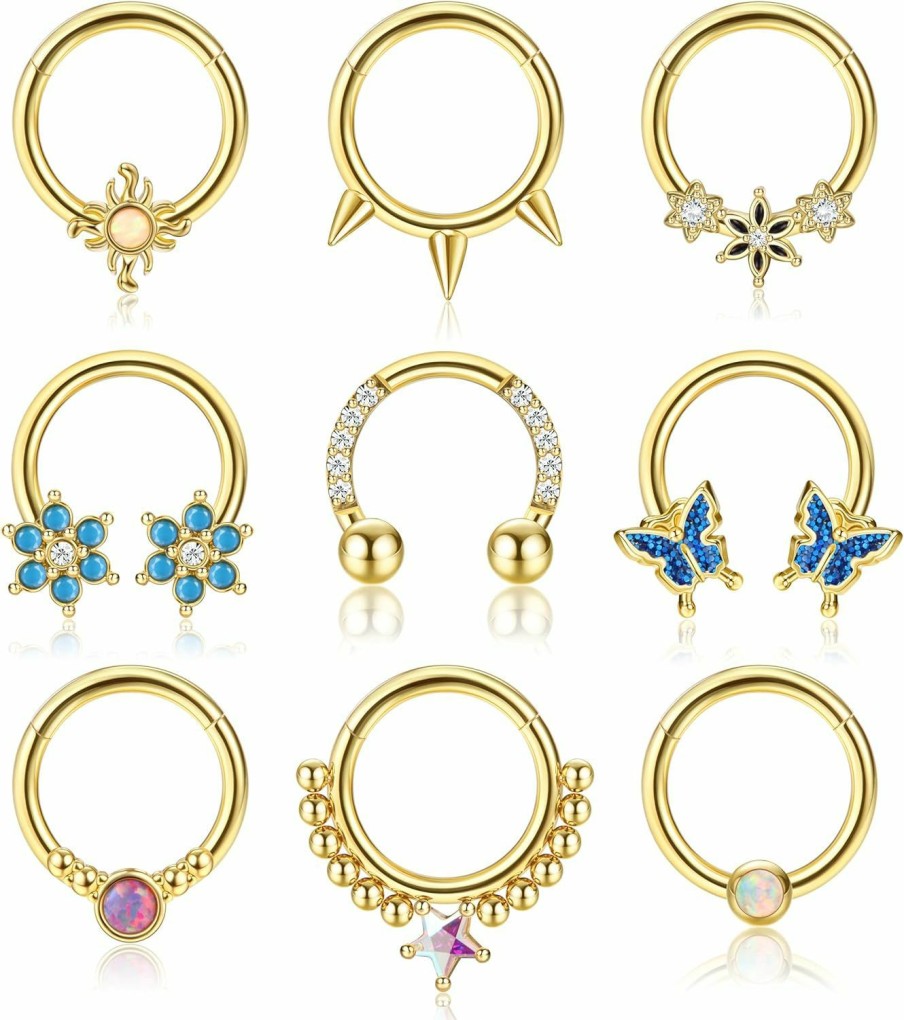 Dochais Dochais 9Pcs Septum Rings 16G Septum Rings For Women Surgical Steel Nose Rings Hoops Clicker Ring Nose Rings Cz Opal Helix Tragus Hoop Daith Cartilage Piercing Jewelry | Body Piercing Rings