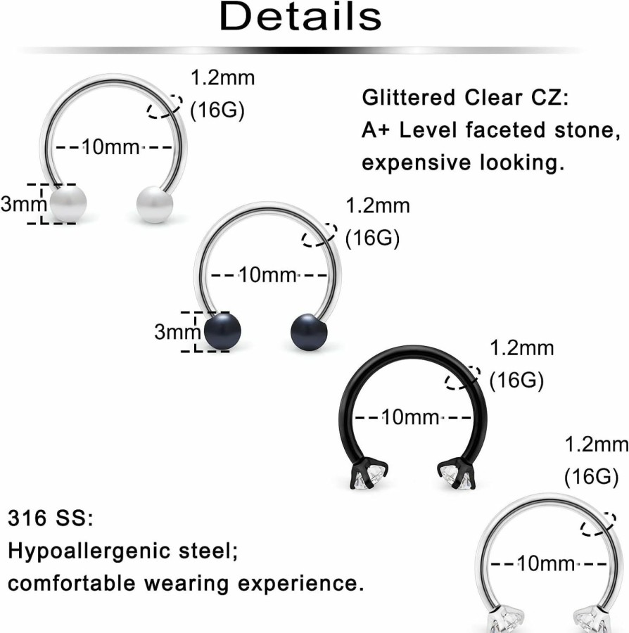 Ftovosyo Ftovosyo 24Pcs 16G Surgical Steel Nose Septum Rings Piercing Jewelry Horseshoe Cartilage Helix Daith Earring Hoop Eyebrow Lip Hoop For Women Men 8Mm 10Mm | Body Piercing Rings