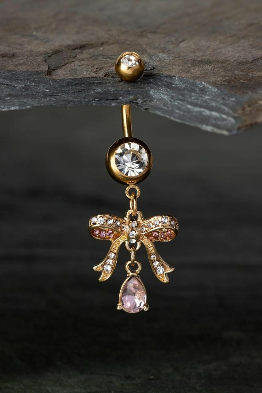 Pierced Owl Pierced Owl 14Ga 316L Stainless Steel Pink Cz Crystal Paved Ribbon With Dangling Gem Belly Button Ring | Body Piercing Rings