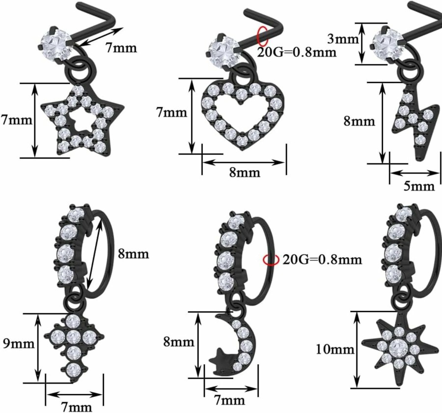 Pierstyles Pierstyles 20G Dangle Nose Rings Studs Stainless Steel Nose Piercing Hoop Nose Ring For Women Cz Dangling Nose L Shaped Studs Set Silver Gold Black Nose Nostril Piercing Jewelry | Body Piercing Rings
