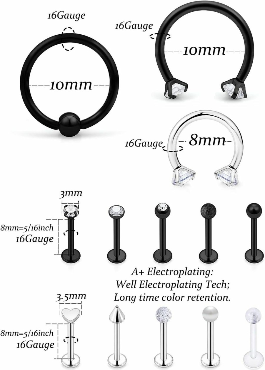 Vsnnsns Vsnnsns 16G Lip Rings Stainless Steel Horseshoe Labret Monroe Lip Rings Nail Cartilage Tragus Helix Earrings Studs Septum Ring Medusa Piercing Jewelry Retainer 8Mm 35Pcs | Body Piercing Rings