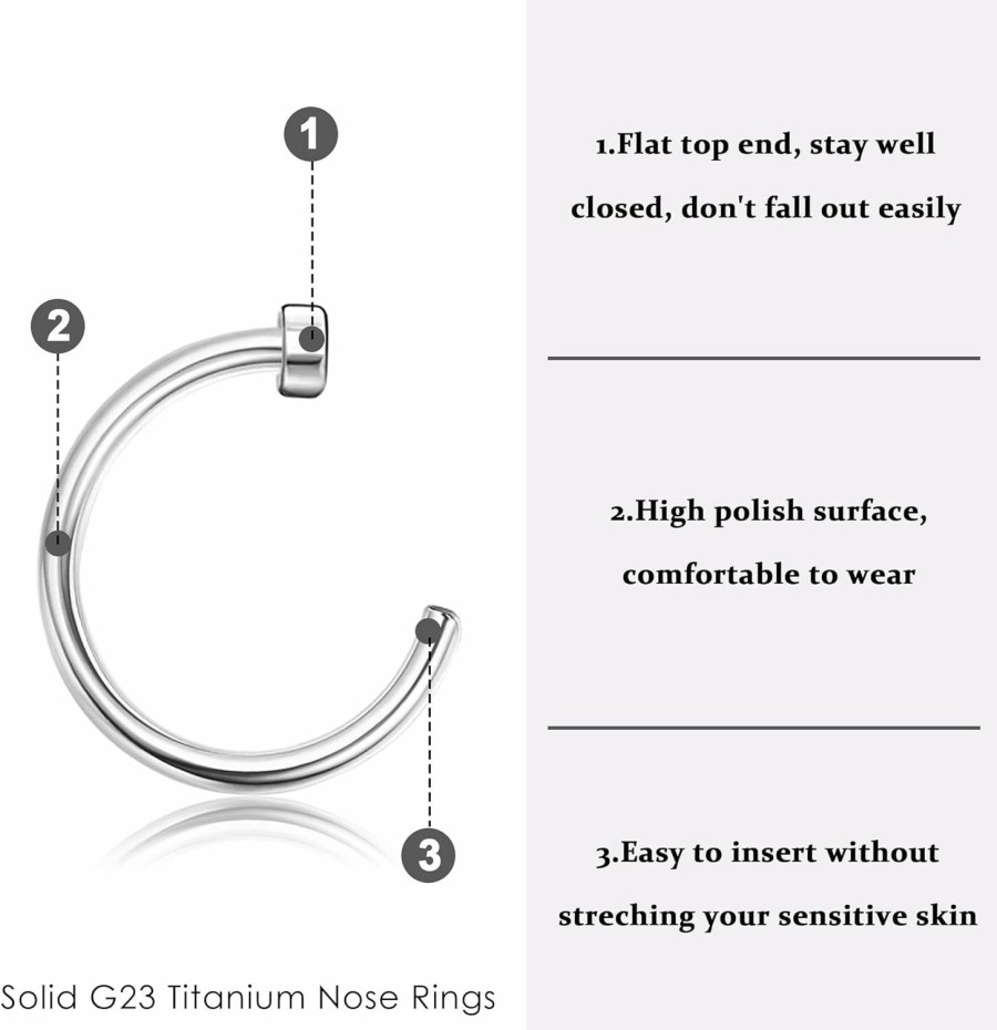 MILACOLATO Milacolato 6-9Pcs G23 Titanium Nose Rings Hoops 18G 20G C-Shape Fake Nose Ring Disc Hypoallergenic Lip Nostril Body Piercing Jewelry Rings For Women Men 8Mm 10Mm 12Mm | Body Piercing Rings