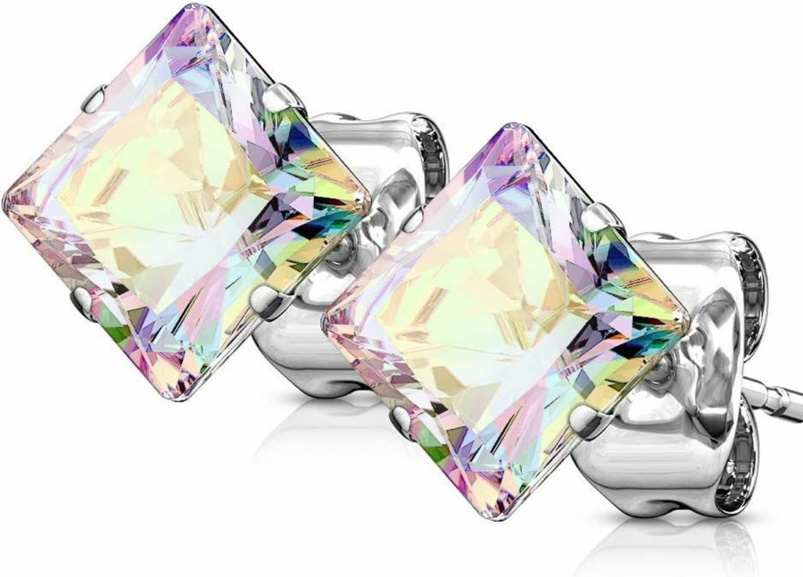 Generic Amelia Fashion 22Ga Pair Princess Cut Square Aurora Borealis Cz Earring Studs 316L Surgical Stainelss Steel | Body Piercing Rings