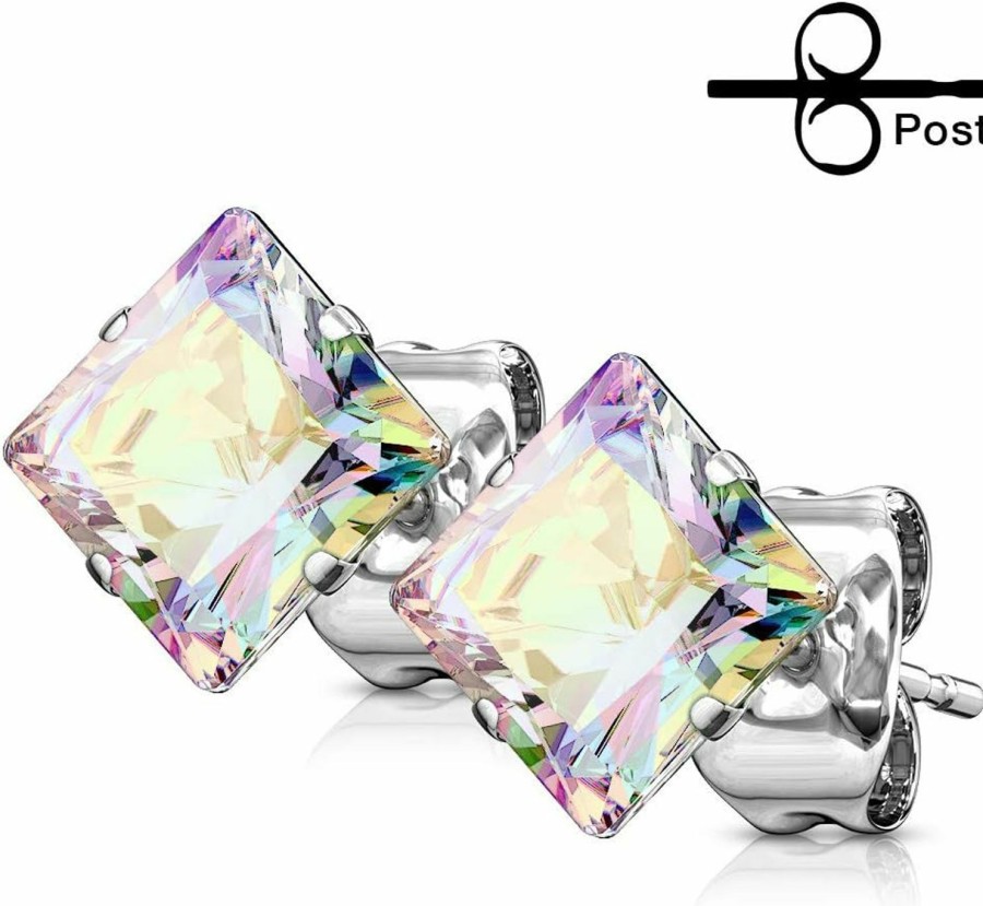 Generic Amelia Fashion 22Ga Pair Princess Cut Square Aurora Borealis Cz Earring Studs 316L Surgical Stainelss Steel | Body Piercing Rings