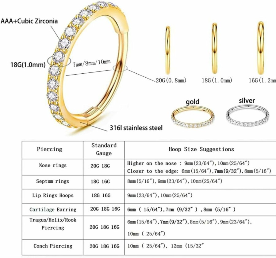 MEIZIQL Meiziql 2Pcs 16G 18G 20G Cz Nose Rings Hoop Hinged Segment Septum Jewelry 316L Surgical Steel Cartilage Earrings Daith Rook Tragus Earrings Gold Silver 7Mm 8Mm10Mm | Body Piercing Rings