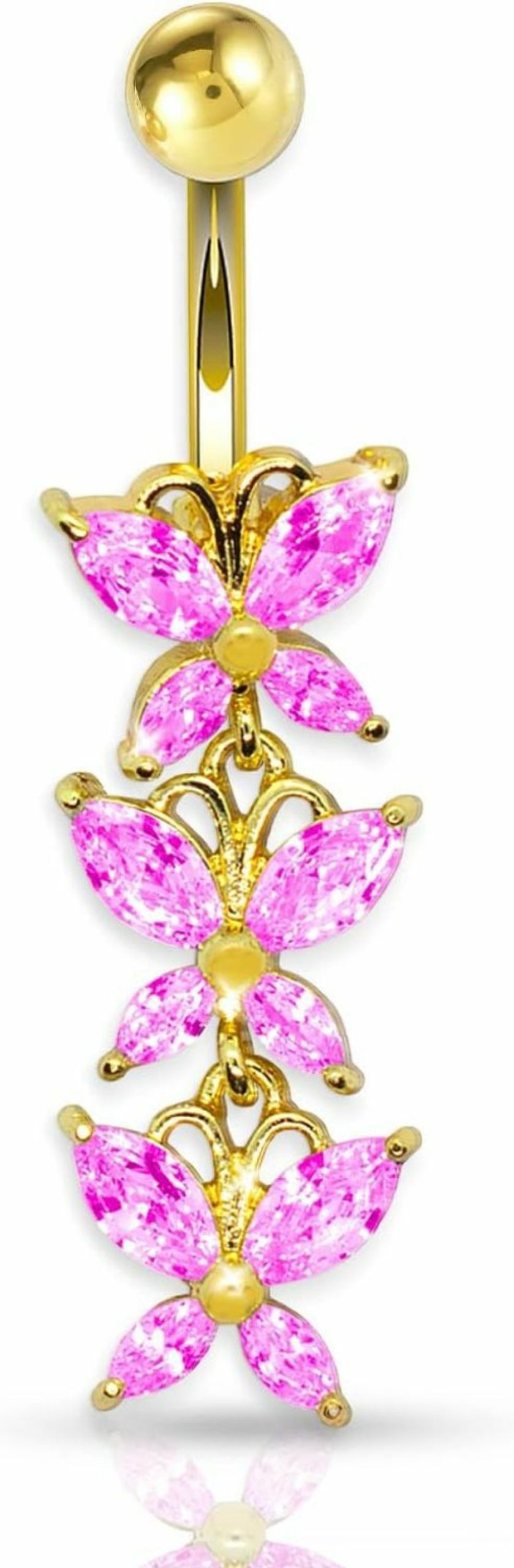 Pierce2GO Pierce2Go Anodized Gold 316L 3 Butterflies Dangle Belly Ring With Cz Stones | Body Piercing Rings