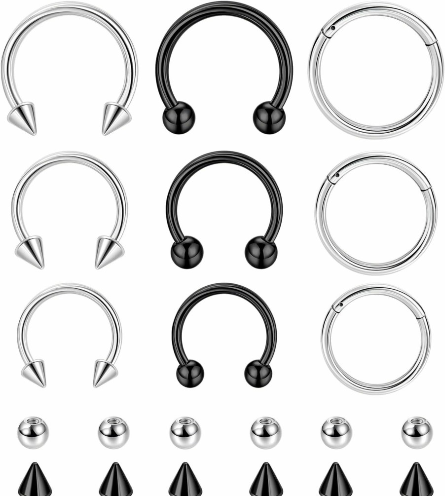 LOAYHOAY 9Pcs 14G 16G 18G 20G Surgical Steel Nose Septum Rings Horseshoe Hoop Earrings Cartilage Helix Tragus Eyebrow Lip Daith Piercing Hinged Seamless Septum Nose Ring For Women Men | Body Piercing Rings