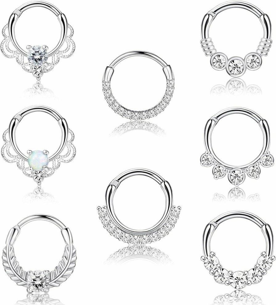 LOYALLOOK Loyallook 8Pcs 16G Septum Clicker Ring Stainless Steel Cz Opal Cartilage Helix Tragus Hoop Daith Earrings Nose Rings Hoop Hinged Segment Clicker Ring Piercing Jewelry | Body Piercing Rings