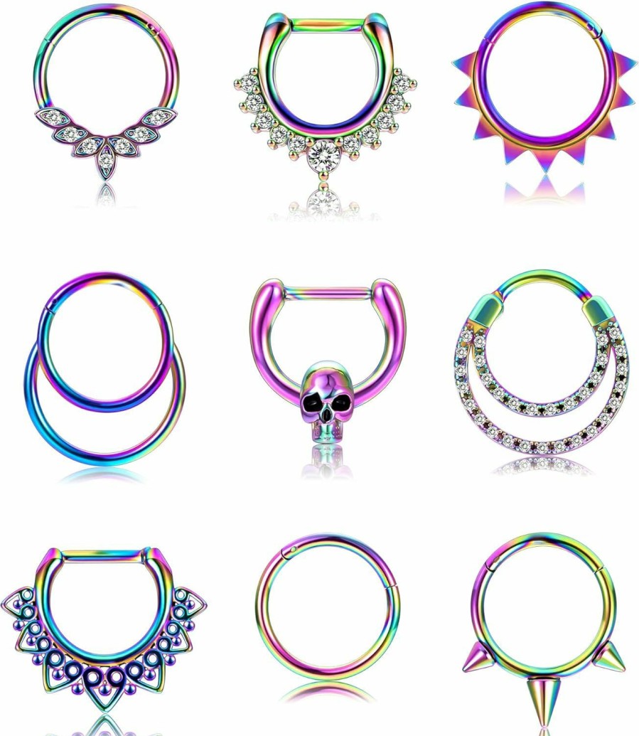 REVOLIA Revolia 9Pcs 16G Stainless Steel Septum Rings Clicker Ring Hoop Nose Ring Cartilage Helix Daith Tragus Earring Hinged Piercing | Body Piercing Rings