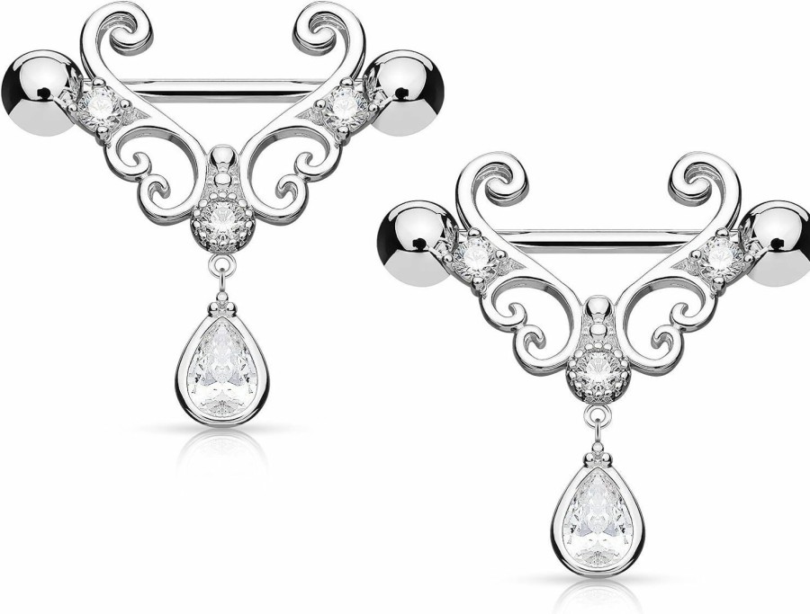 Pierced Owl Pierced Owl - 14Ga 316L Stainless Steel Cz Set Filigree Heart And Dangling Cz Tear Drop Nipple Rings, Sold As A Pair | Body Piercing Rings