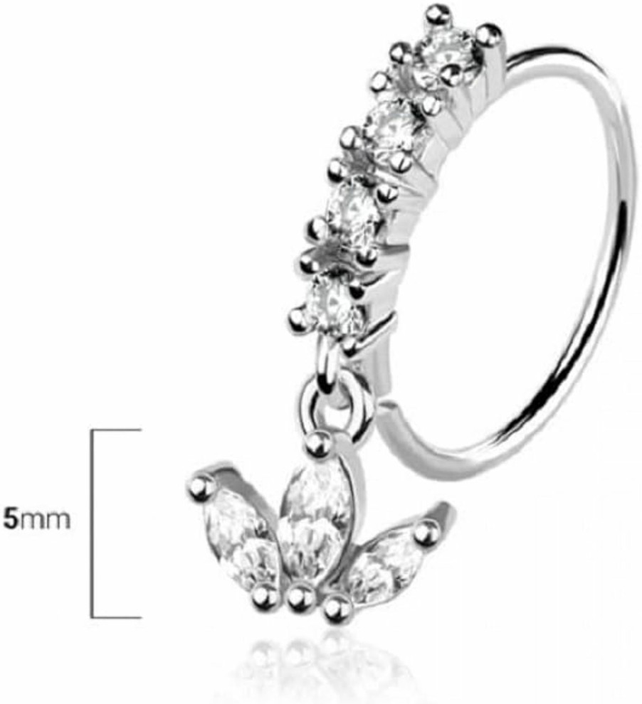 Pierced Owl Pierced Owl 20Ga 316L Stainless Steel Cz Crystal Lined Hoop With Dangling Marquise Leaves Bendable Nose Ring | Body Piercing Rings