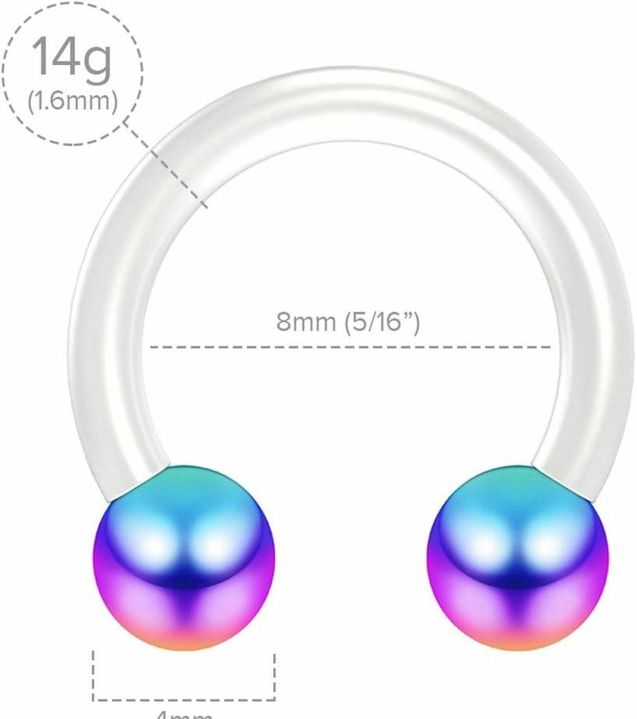 Evonix Evonix 2Pc 14G Flexible Bioflex Circular Barbell Horseshoe Septum Ring Bioplast Piercing 8Mm Anodized Ball (Choose Color) | Body Piercing Rings