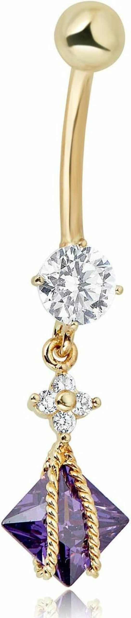 AVORA Avora 10K Gold Purple Square-Cut Simulated Diamond Cz Flower Dangling Belly Button Ring Body Jewelry (14 Gauge) | Body Piercing Rings