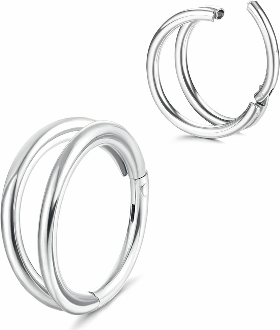 JeryWe Jerywe Nose Rings Hoops - 316L Surgical Steel Double Hoop Nose Rings 16G Hinged Cz Conch Piercing Jewelry Septum Clicker Lip Rings Cartilage Earring Helix Rook Tragus Daith 8Mm/10Mm | Body Piercing Rings