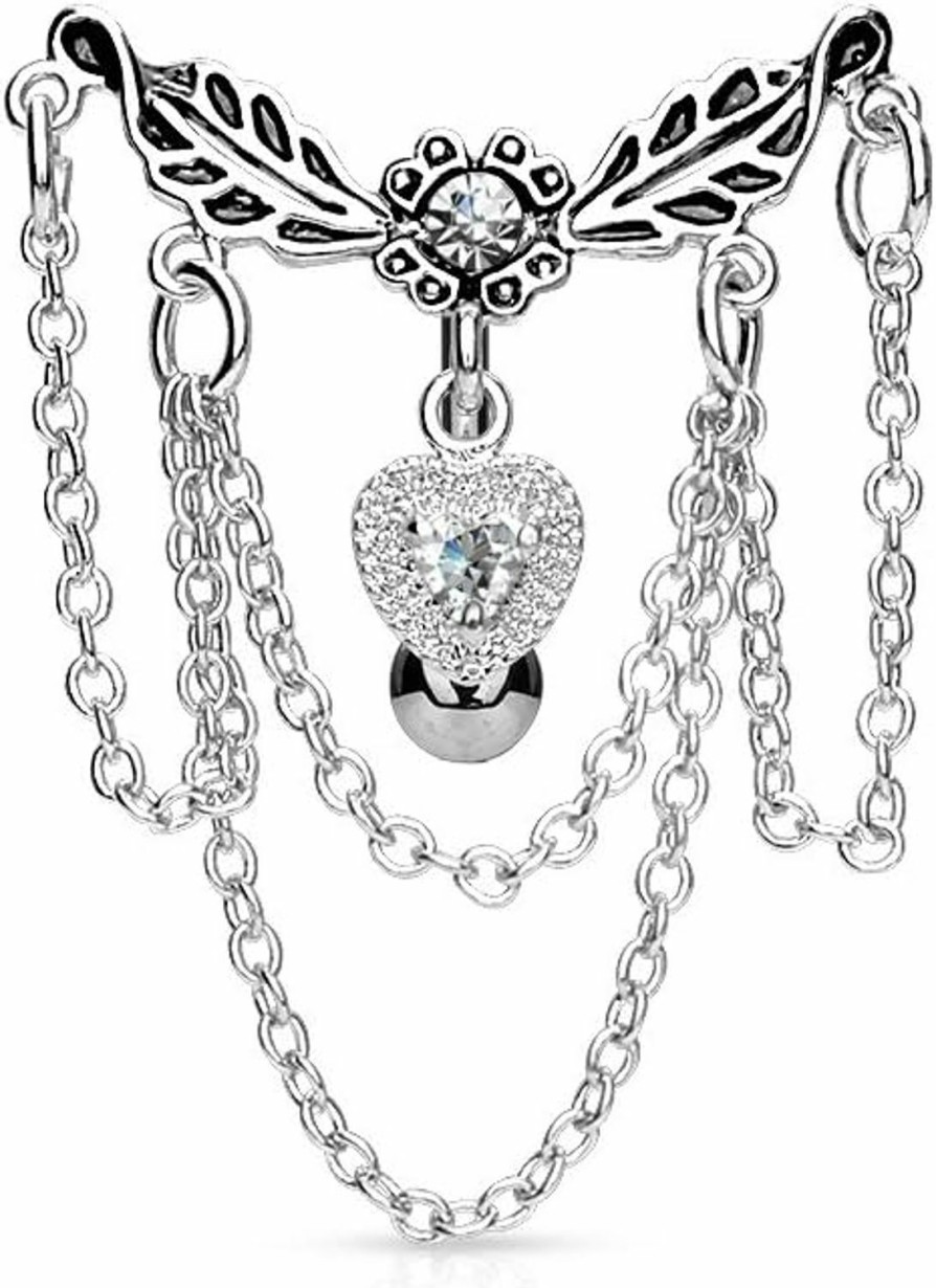 Pierced Owl Pierced Owl 14Ga 316L Surgical Steel Leaflet Chandelier Chained Heart Top Down Dangling Belly Button Ring | Body Piercing Rings