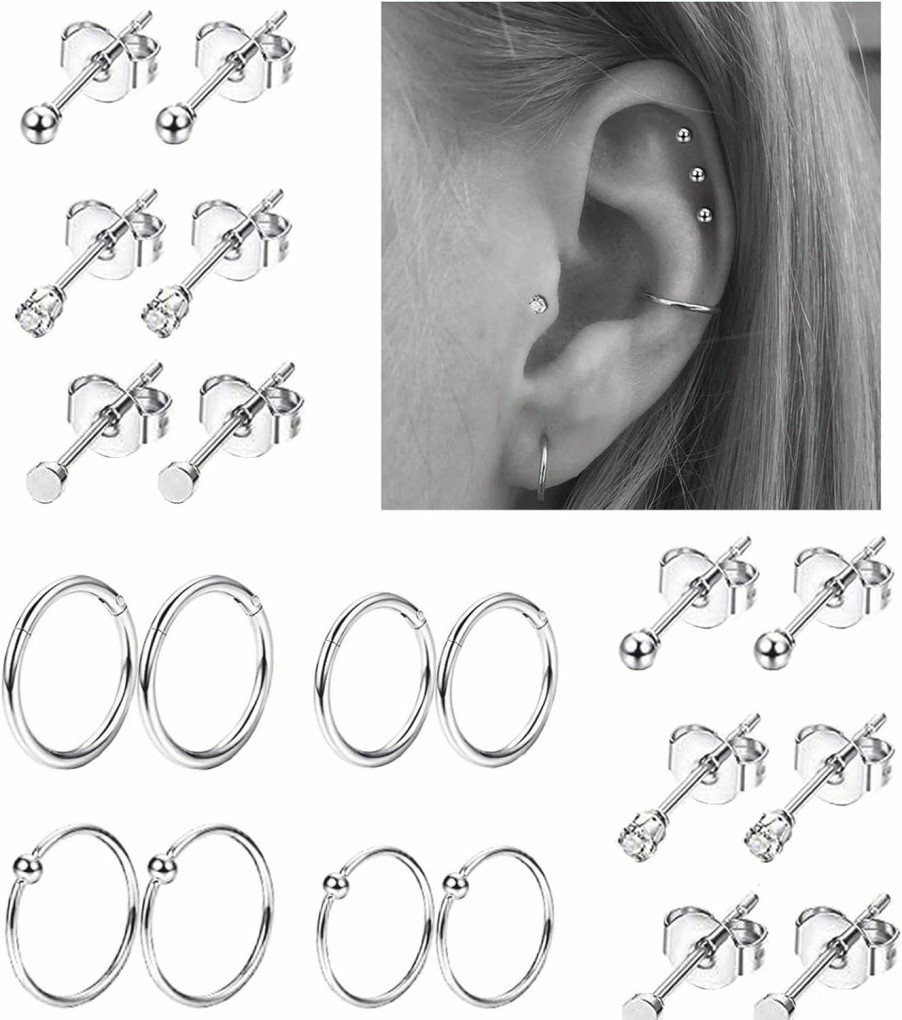 REVOLIA Revolia 10Pairs Stainless Steel Cartilage Earrings For Men Women Stud Earrings Ball Cz Tragus Helix Piercing | Body Piercing Rings