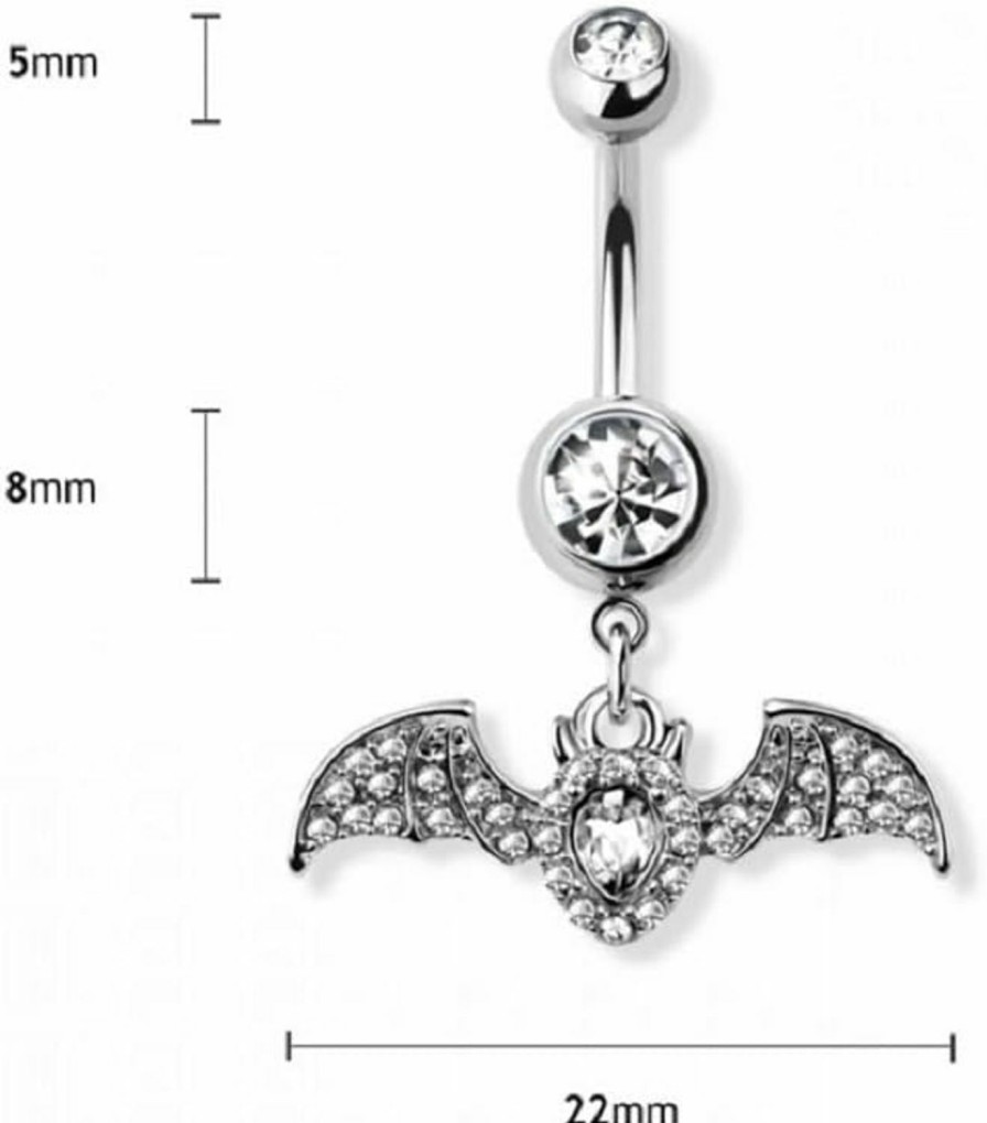 Pierced Owl Pierced Owl 14Ga 316L Stainless Steel Cz Crystal Dangling Bat Belly Button Ring | Body Piercing Rings