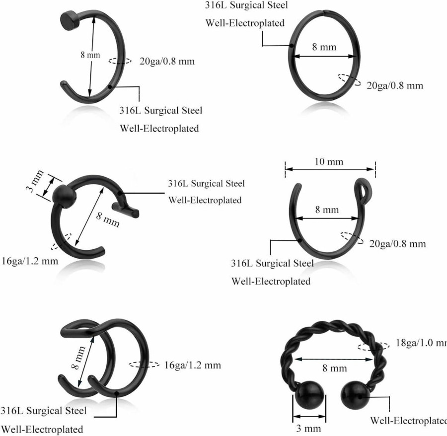 PiercingJ Piercingj 12Pcs Mixed Stainless Steel 16G / 18G / 20G Nose Rings Hoop Fake Nose Studs Cartilage Tragus Daith Septum Ear Cuff Helix Nipple Eyebrow Captive Ring Body Piercing | Body Piercing Rings