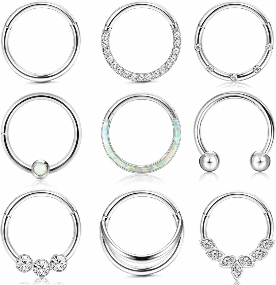 Subiceto Subiceto 9Pcs 18G 16G Septum Rings For Women Surgical Steel Hinged Nose Rings Opal Cz Clicker Hinged Nose Hoops Rings Conch Helix Lip Nose Daith Cartilage Hoop Earrings Piercings 8Mm 10Mm | Body Piercing Rings