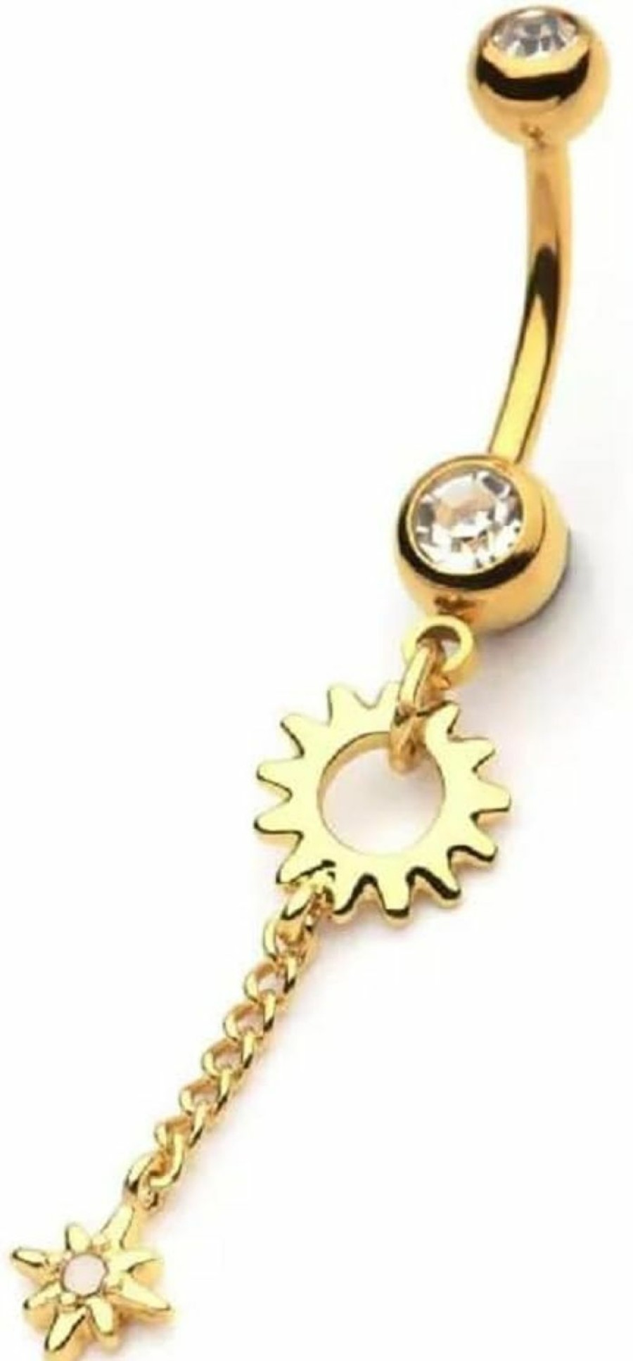 Pierced Owl Pierced Owl 14Ga Gold Tone 316L Stainless Steel Sun With Chain And Opalite Star Dangling Belly Button Ring | Body Piercing Rings