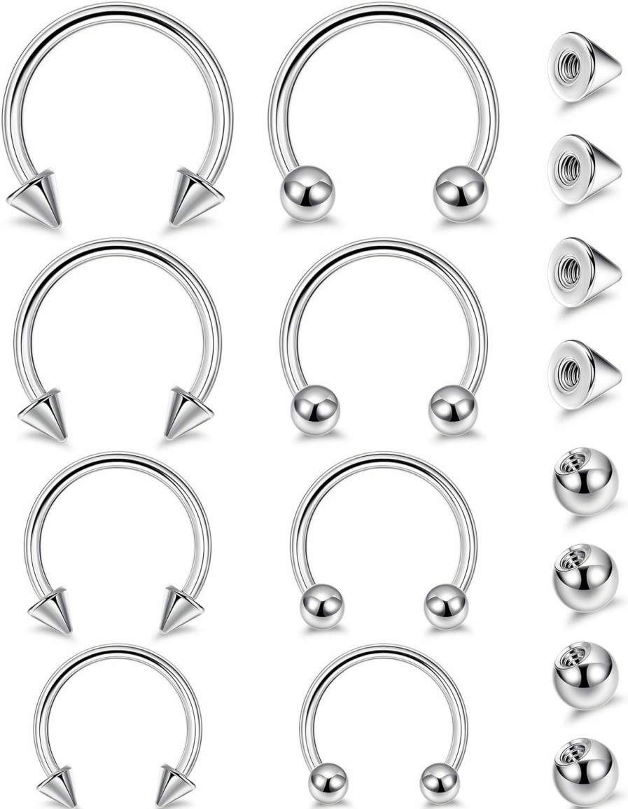 YOVORO 8Pcs 14G 16G 18G 20G Horseshoe Septum Nose Ring Helix Cartilage Earrings Hoops Hypoallergenic Tragus Daith Eyebrow Lip Ring Smily Piercing Jewelry Replacement Ball Spikes 7-12Mm | Body Piercing Rings